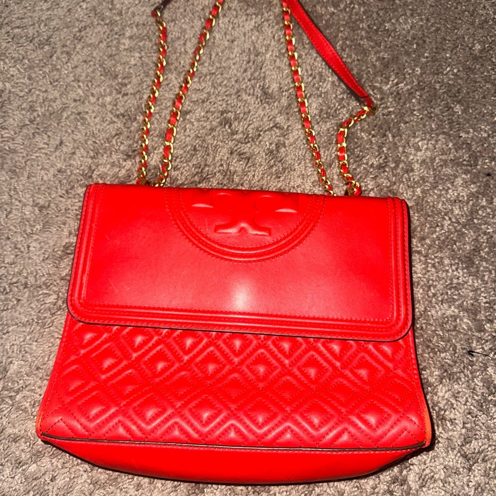Authentic Tory Burch Red Quilted Chain Shoulder and Crossbody Bag
